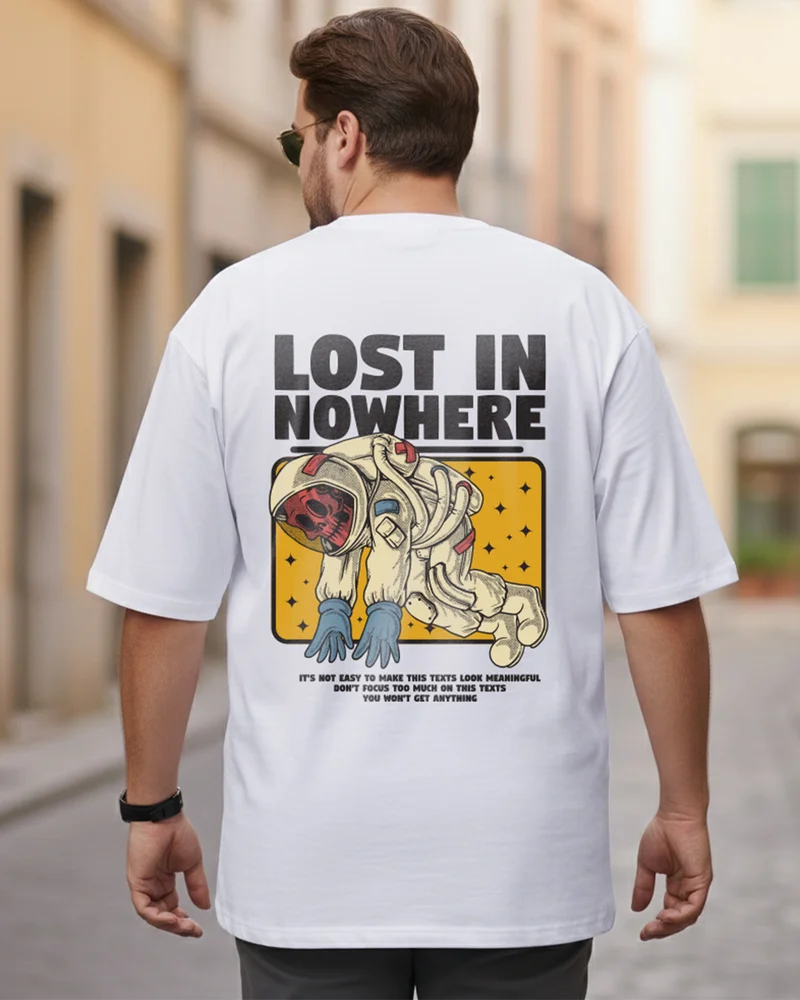 بيواكوف Men's White Lost In Nowhere Graphic Printed Oversized Plus Size T-shirt